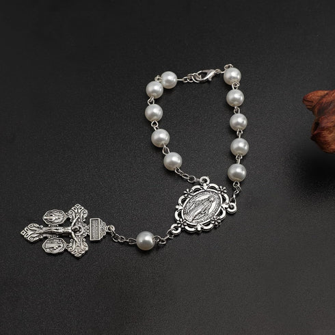 White Pearl Rosary for Car,Pardon Crucifix One Decade Rosary,Medalla Milagrosa Small Car Rosary for Rearview Mirror,Pocket Rosary Crucifijo Cruz D...