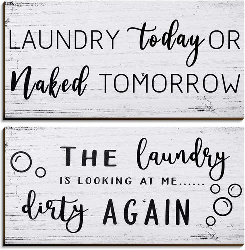 2 Pieces Laundry Room Decor Sign Rustic Farmhouse Bathroom Wall Decor Funny Laundry Signs, 12 x 6 Inch(White)...