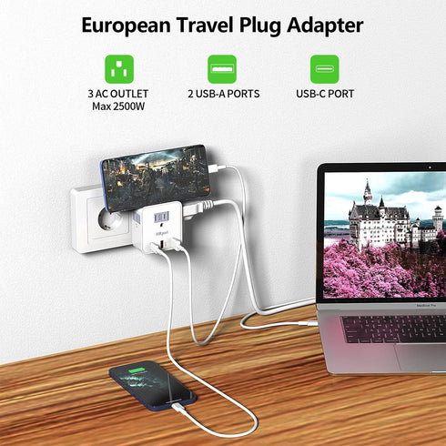 European Travel Plug Adapter, International Plug Adapter,with 20W PD&QC 3.0 USB-C and USB-A Ports Charging Faster,Travel Essentials from US to Mos...