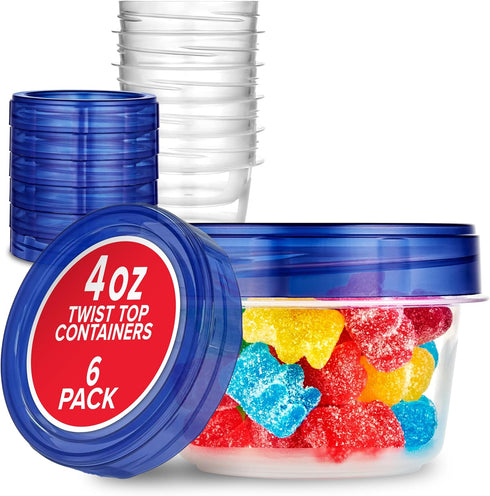 Stock Your Home 4oz Plastic Containers with Twist Top Lids (6 Pack), 1/2 Cup Small Freezer Containers for Leftover Food, Airtight Reusable Soup Co...