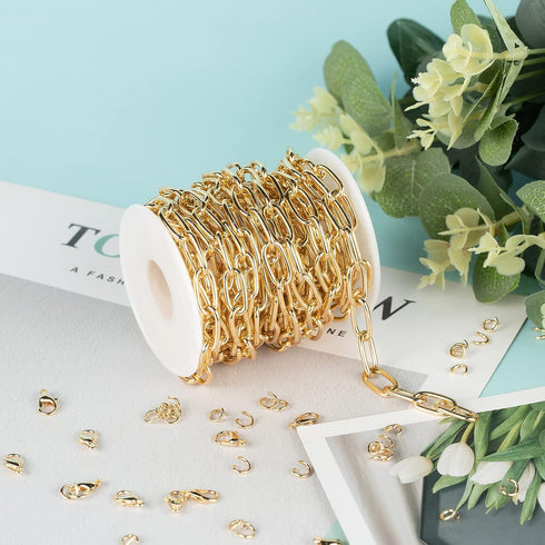 16.4 Feet Aluminum Oval Light Gold Chains for Jewelry Making Unwelded Paperclip Link Cable Chain Roll Necklace Chains Bulk with Lobster Clasps and...