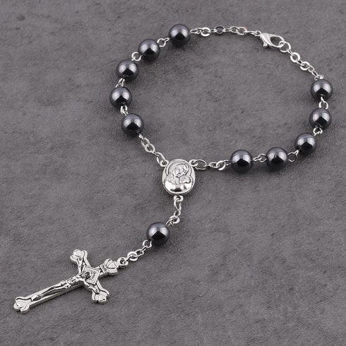 Luomu Hematite Beads Auto Rosary, Car Rosary One Decade Catholic Rosary with Clasp, with Terra Jerusalem Medal Centerpiece and Crucifix Medal Hang...