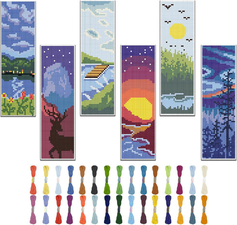 FREEBLOSS 6 Set Cross Stitch Bookmark Kit Scenery Pattern with 30 Colors Embroidery Floss DIY Bookmark Kit with Instruction Embroidery Kit for Beg...