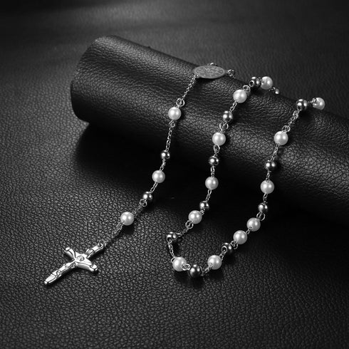 Religious Rosary Beaded Cross Necklace: Christian Beaded Stainless Steel Pearl Virgin Mary Medallion Y Necklace Jewelry Gifts for Women Men...