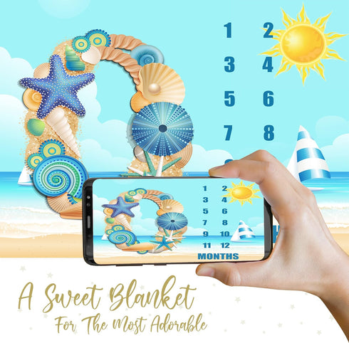 Blue Sea Beach Baby Monthly Milestone Blanket, 48x40in Sun Surfing Starfish Blanket Soft Flannel for Newborn Baby Shower, Baby Growth Chart Photog...
