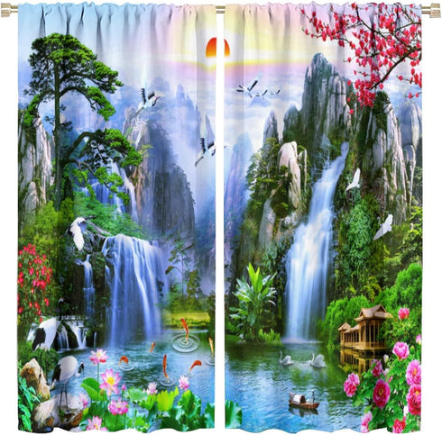 Waterfall Deocr Curtain, Surrounded Waterfall Rocky Lotus Fish Swan Landscapes Home Decor Windows Rod Pocket Curtain for Living Room Bedroom Kitch...
