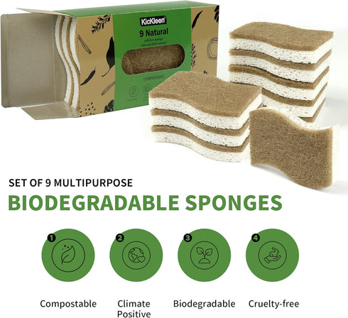 9 Pack Biodegradable Natural Kitchen Sponge - Compostable Cellulose and Coconut Walnut Scrubber Sponge - Eco Friendly Sustainable Sponges for Dish...