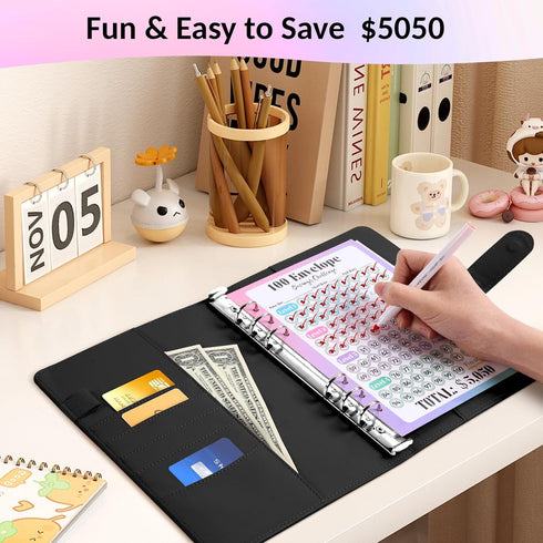 Sooez Savings Kit - 100 Envelopes Money Challenge with Reusable Tracker, A5 Leather Binder, Fun Way to Save $5,050, Green Marble...