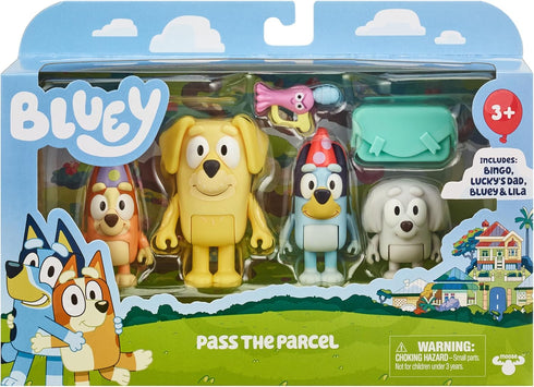 Bluey Figure 4-Pack, Pass The Parcel 2.5-3 inch, Bingo, Lucky's Dad and Lila Character Figures with Accessories...