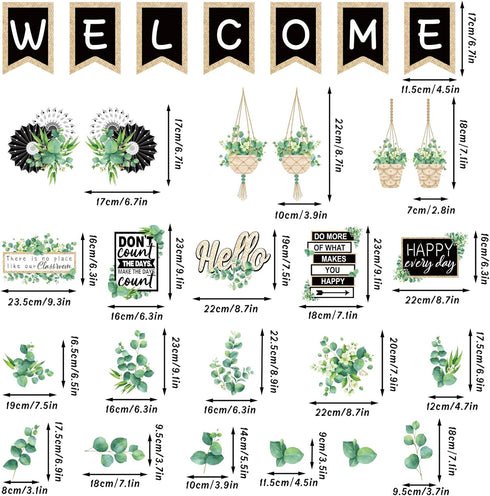 Whaline 29 Pieces Eucalyptus Bulletin Board Set Welcome Banner Simply Boho Bulletin Board Decor Boho Greenery Calendar Cutout Decorations for Back...