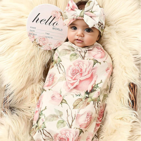 Galabloomer Newborn Receiving Blanket Headband Set Baby Flower Swaddle (vintage flower)...