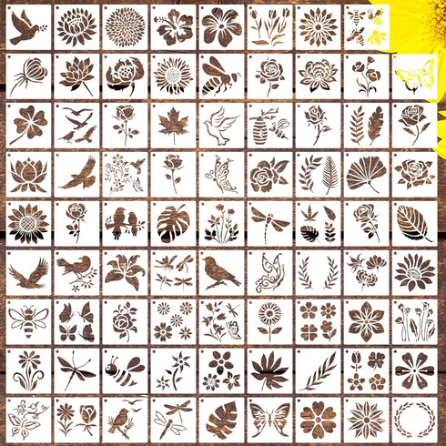 80 Pcs 4 x 4 Inch Stencils for Painting on Wood, Reusable Flower Stencils Butterfly Stencils Bird Plastic Stencils Bee Wall Stencil DIY Craft Temp...