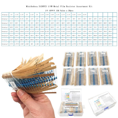 3120pcs 156 Values Metal Film Resistor Kit Minidodoca 1 Ohm-10M Ohm 1/4W 0.25 watt ±1% Tolerance Fixed Resistors Assortment Kit RoHS Compliant 100...