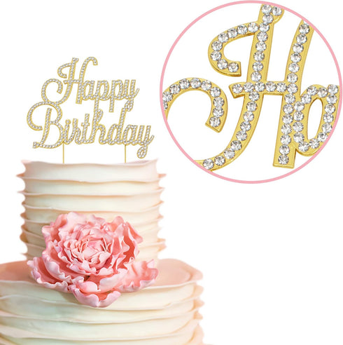 Happy Birthday Cake Topper - Premium Gold Metal - Happy Birthday Party Sparkly Rhinestone Decoration Makes a Great Centerpiece - Now Protected in ...
