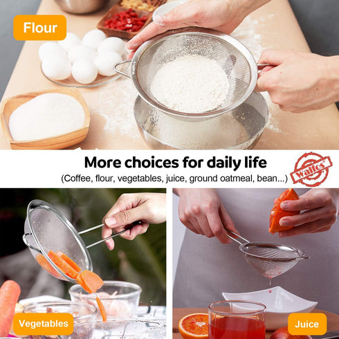 Walfos 6.3 Inch Fine Mesh Strainer, Premium Stainless Steel Sieve and Sifter with Handle, Kitchen Metal Strainers for Rice, Quinoa, Fruits, Noodle...