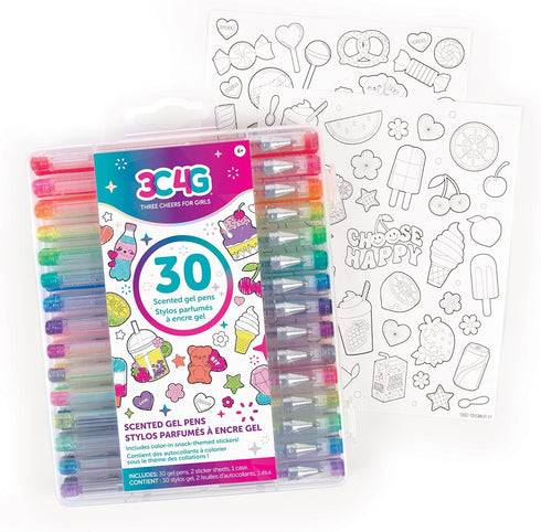 3C4G: 30 Scented Gel Pens - w/ 2 Color-in Snack Themed Sticker Sheets, 30 Different Vibrant Colors, Writing & Drawing, Three Cheers for Girls, Age...