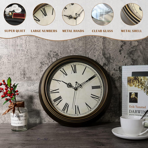 Plumeet Large Metal Wall Clock, 13'' Non Ticking Classic Retro Silent Iron Clocks Decorative Kitchen Living Room Bedroom, Roman Numerals, Battery ...
