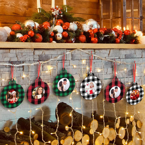 Jetec 12 Pcs Christmas Ball Picture Ornament Bulk Wooden Photo Frame Ornaments Plaid Hanging Decorations for Christmas Tree(Red and Black, Black a...