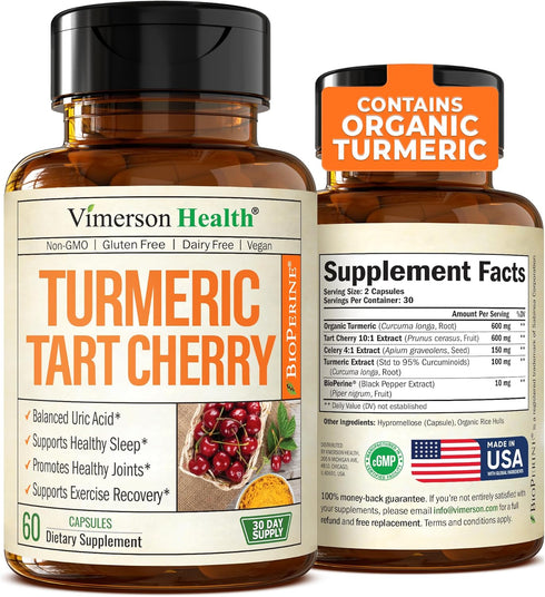 Turmeric Curcumin & Tart Cherry Extract Capsules with Black Pepper & Organic Tumeric. Tart Cherry Capsules Aid Uric Acid Balance, Joint Health, Mu...