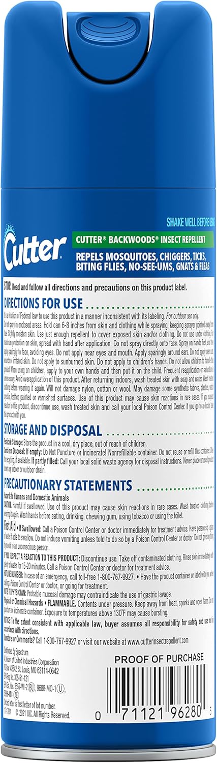 Cutter Backwoods Insect Repellent, Mosquito Repellent, 25% DEET, Sweat Resistent, 6 Ounce (Aerosol Spray)...