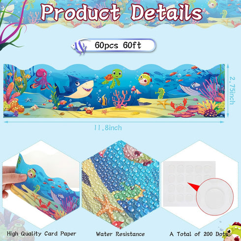 60 Ft Under The Sea Bulletin Board Borders 60 pcs, Ocean Themed Straight Bulletin Boards Trim With Glue Point Dots For Classroom School Chalkboard...