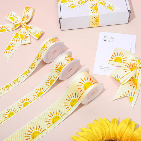 3 Roll Boho Sun Grosgrain Ribbon Sunshine Ribbon for Wreath Bow Craft Gift Wrap Party Decor, 15 Yards...