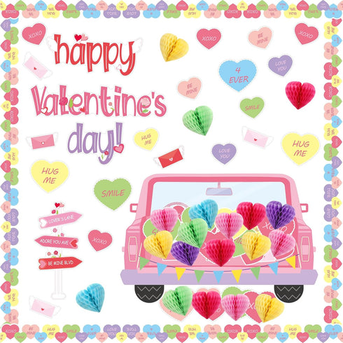 TaoBary 85 Pcs Valentine's Day Bulletin Board Set 3D Heart Honeycomb Owl Love Truck Bulletin Board Cutouts Valentine's Day Classroom Decorations f...