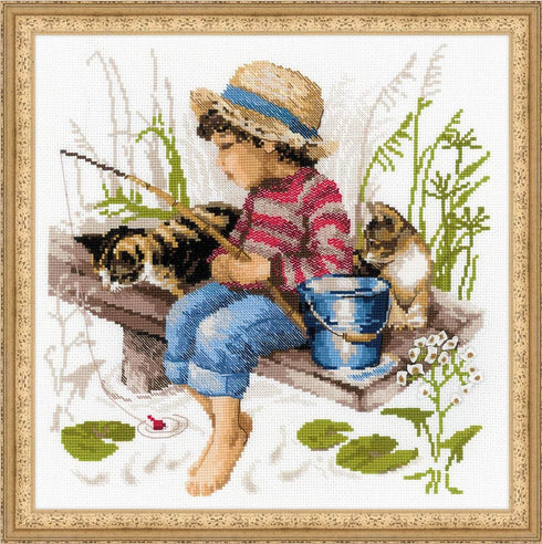 RIOLIS 1470 - Let's Go Fishing - Counted Cross Stitch Kit 12" x 12" 14 Count White AIDA 24 Colors...