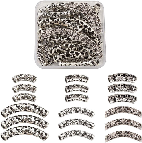 KISSITTY 30pcs/Box Antique Silver Filigree Long Curved Noodle Tube Spacer Beads 24~48mm for DIY Jewelry Making...