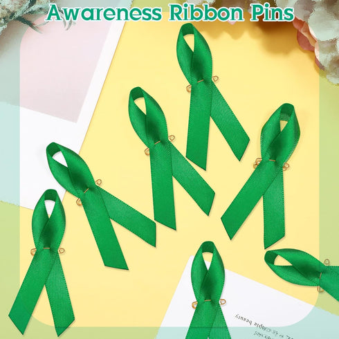 400 Pieces Mental Health Awareness Ribbon Green Satin Ribbon Lapel Pins Fabric Ribbons with Safety Pins for Women Men...
