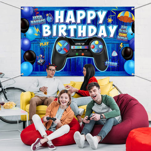 Video Game Birthday Decorations Banner Backdrop Blue Game Birthday Party Decorations Level up Gaming Theme Party Backdrop Photo Props for Gamer Ki...