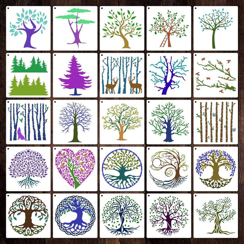 6 Inch Tree Stencils for Painting, Reusable Natural Plants Stencil, 25 Pieces Tree Drawing Template for Painting on Canvas Wood Wall Home Decor(Tr...