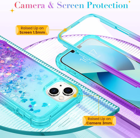 Ruky for iPhone 13 Case & iPhone 14 Case, Glitter Liquid Full Body Rugged Cover with Built-in Screen Protector Soft TPU Shockproof Girls Women Cas...