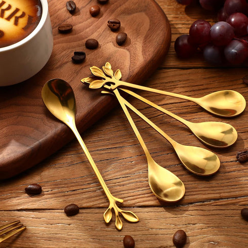 Stainless Steel Leaf Coffee Spoon and Appetizer Fork Tableware Dessert Spoon Mini Dessert Utensils Set Creative Demitasse Spoons and Forks for Sti...