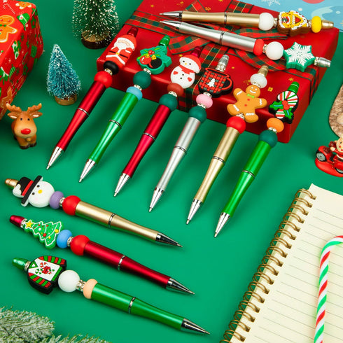12 Pcs Christmas Beadable Pens, Plastic Bead Pens, Silicone Bead Pens, Snowmen Santa Gingerbread Bead Ballpoint Pen for Office School Women Kids S...