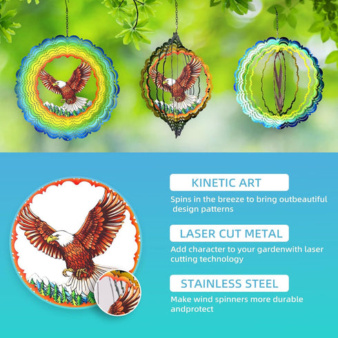 Wind Spinners-12 inch 3D Stainless Steel Eagle Hanging Wind Spinner Metal Wind Catchers Kinetic Sculpture for Lndoor,Outdoor Decor, Yard Art, Gard...