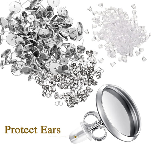 Hicarer 500 Pcs Earring Studs for Jewelry Making Blank Stud Earring with Post Kit 12 mm 10 mm 8 mm Cabochon Earring Bezels for Jewelry Making...