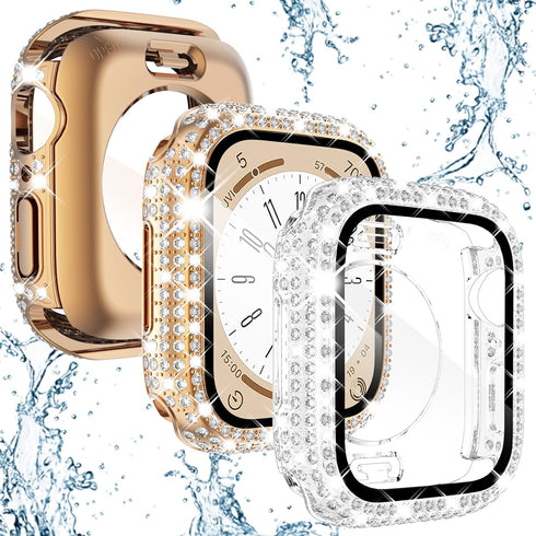 Wingle 2 Pack Waterproof Bling Case for Apple Watch 44mm Screen Protector SE Series 6 5 4, 2 in 1 Full Glitter Bling Diamond Rhinestone Bumper Fac...