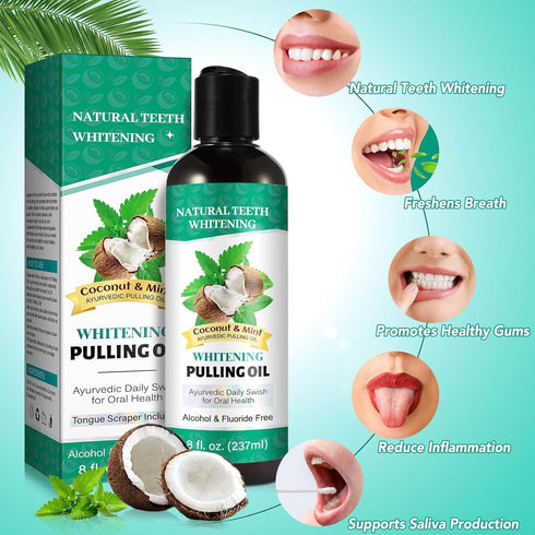 Oil Pulling 8 Fl.Oz,Mint Oil Pulling Mouthwash with Tongue Scraper, Natural Pulling Oil with Coconut & Peppermint Oil-Supports Healthy Gums & Fres...
