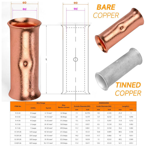 6 Gauge Butt Splice Connectors 30 PCS 6 AWG Non-Insulated Butt Connectors,Bare Pure Copper Butt Splice Wire Connector,Heavy Duty Uninsulated Crimp...