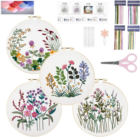 Enkor 4 Sets Embroidery Kit for Beginners Adults, Beginner Embroidery Kit for Adults, Floral Embroidery kit,Embroidery Kit for Beginners Flowers F...