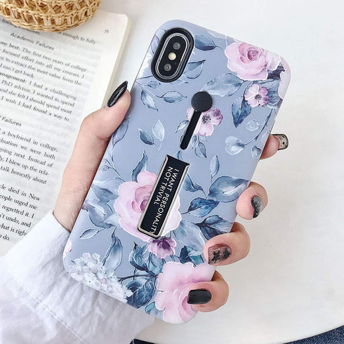 Compatible with iPhone X/XS Case Finger Grip,3D Embossed Pink Flowers White Shell Design,Rugged Shockproof Slim Fit Dual Layer Finger Ring Loop St...
