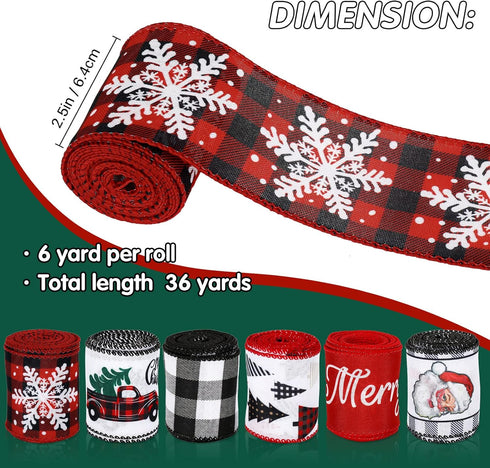 36 Yards Christmas Wired Edge Ribbon 2.5 Inch Farmhouse Craft Ribbon Santa Xmas Tree Truck Snowflake Buffalo Plaids Fabric Ribbon for Gift Wrappin...