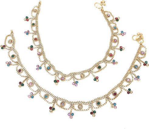 Indian Gold Tone Bells Anklet Chain Payal Set For Women in Multicolor Rhinestone Crystal Zircon For Beach Party Gift...