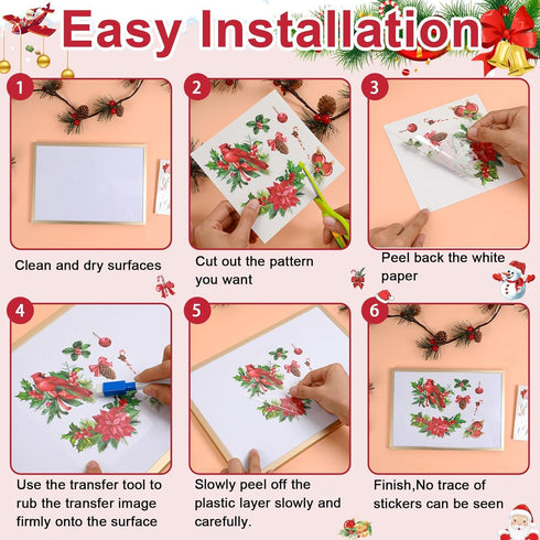 30 Sheets Christmas Rub on Transfers for Crafts and Furniture Xmas Santa Snowman Cardinals Transfer Stickers Winter Floral Bird Rub on Decal for H...