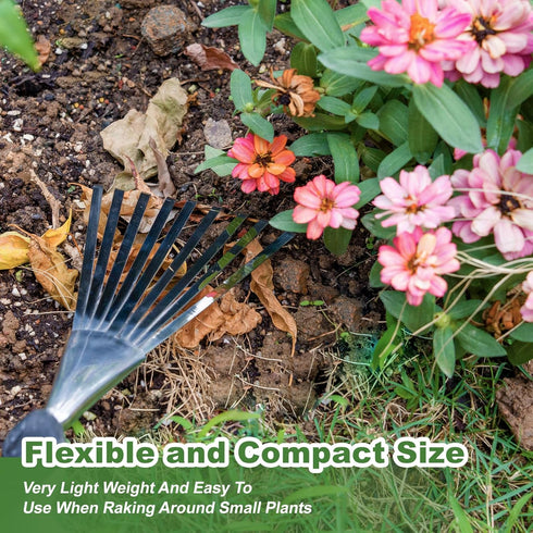 Garden Hand Rake, 14.6'' Small Hand Rake for Tight Areas, 9 Tines Stainless Steel Garden Rake with Ergonomic Wood Handle for Clearing Leaves and L...