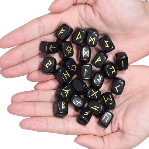 TUMBEELLUWA Energy Black Obsidian Rune Stones Set with Engraved Elder Futhark Alphabet Lettering Energy Crystal Stone Kit for Divination, Wicca, M...
