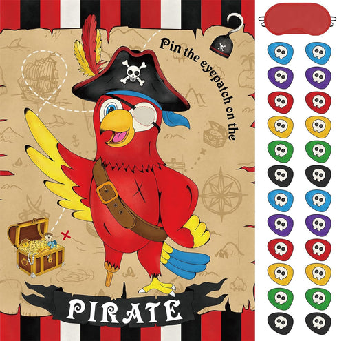 WERNNSAI Pin The Eye Patch on The Pirate - Pirate Party Games for Kids Boys 28'' x 21'' Parrot Game Poster with 24 PCS Reusable Stickers Blindfold...