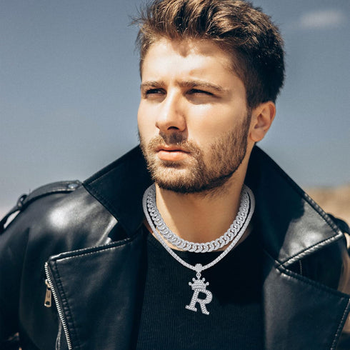 Honsny Cuban Link Chain For Women Men Silver Crown Initial Pendant Necklace Iced Out Miami Bling Diamond Tennis Chain Necklaces A-Z Letter Pendant...