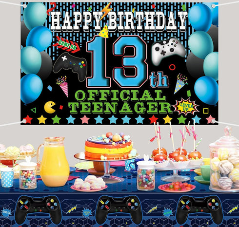 13th Video Game Happy Birthday Decorations Backdrop Banner, 13th Official Teenager Birthday Party Decorations Photo Background 13th Backdrop for B...